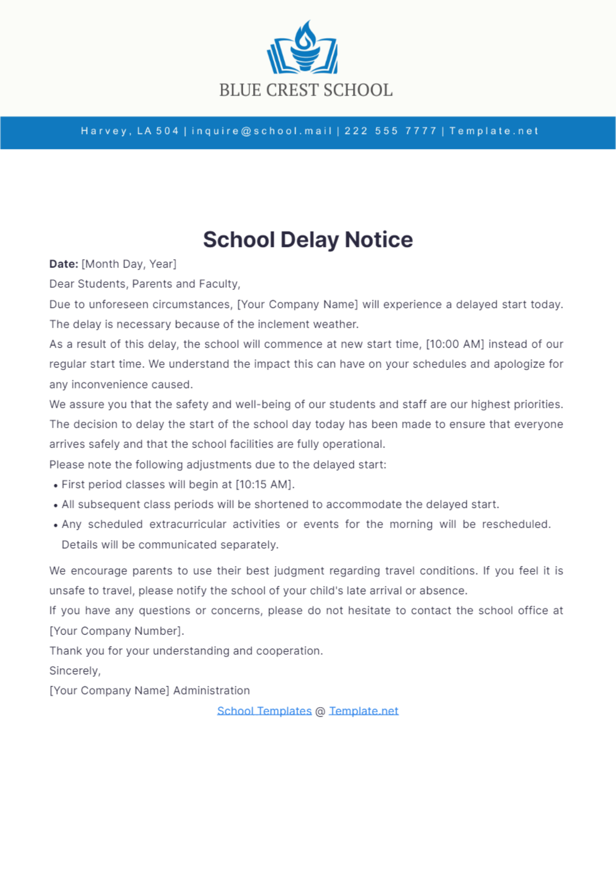 School Delay Notice Template - Edit Online & Download