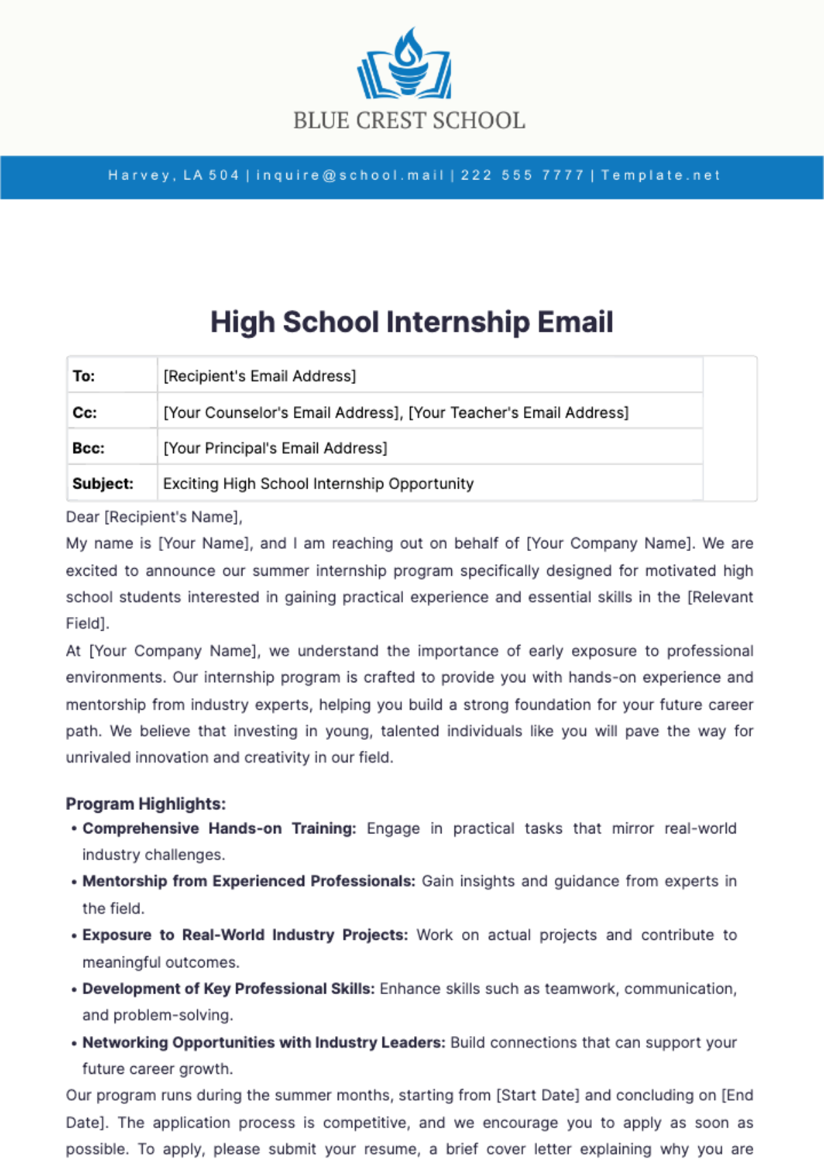 High School Internship Email Template