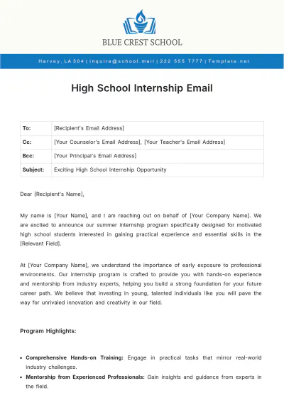 Free High School Internship Email Template to Edit Online