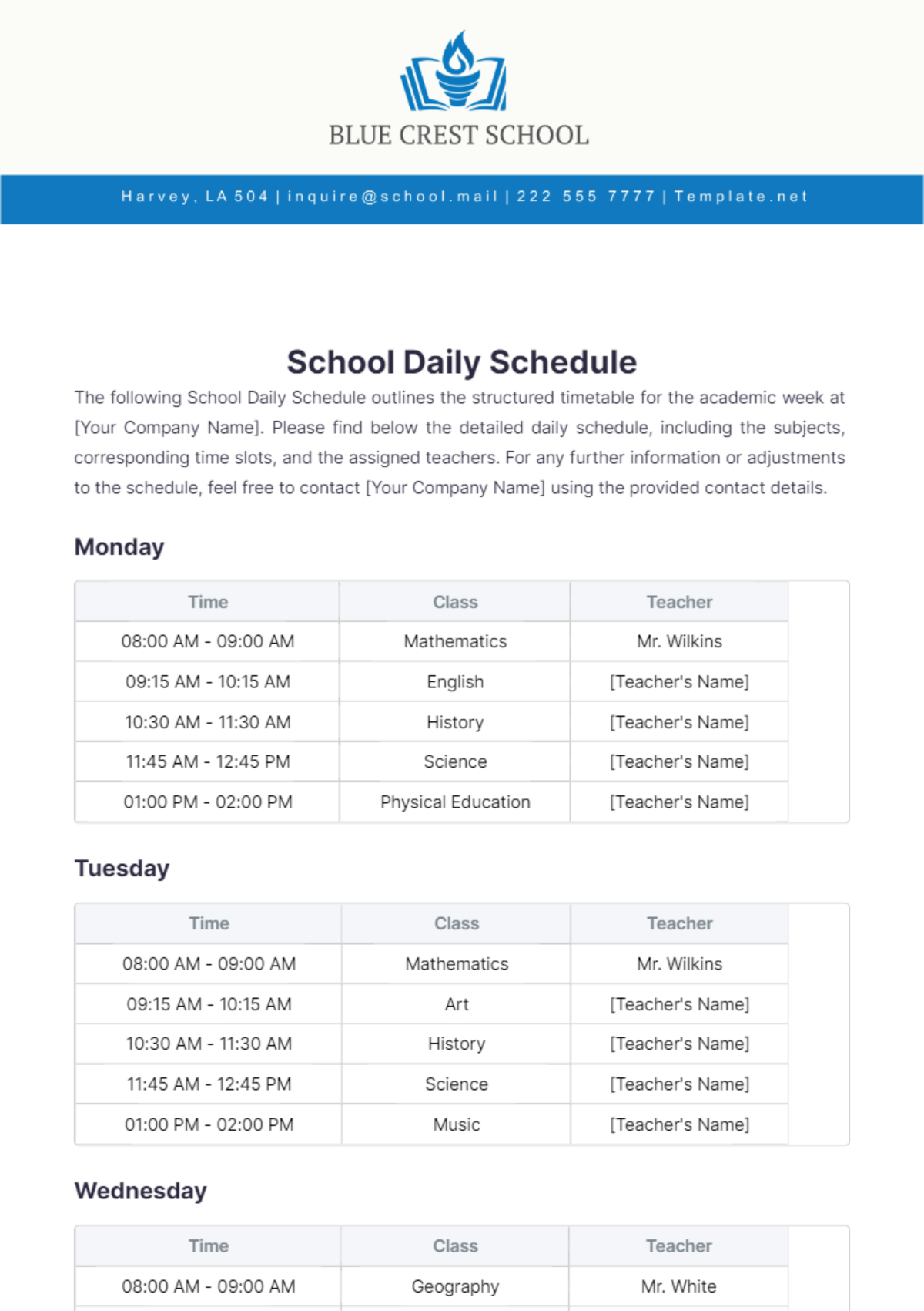 School Daily Schedule Template - Edit Online & Download