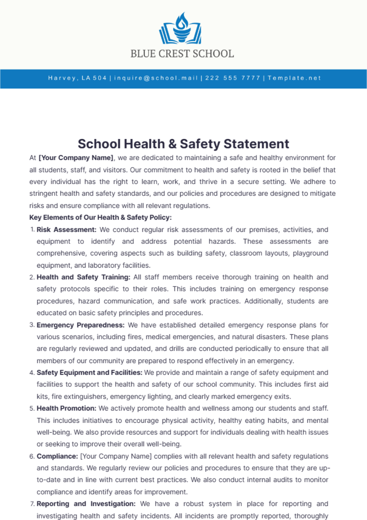 School Health & Safety Statement Template - Edit Online & Download