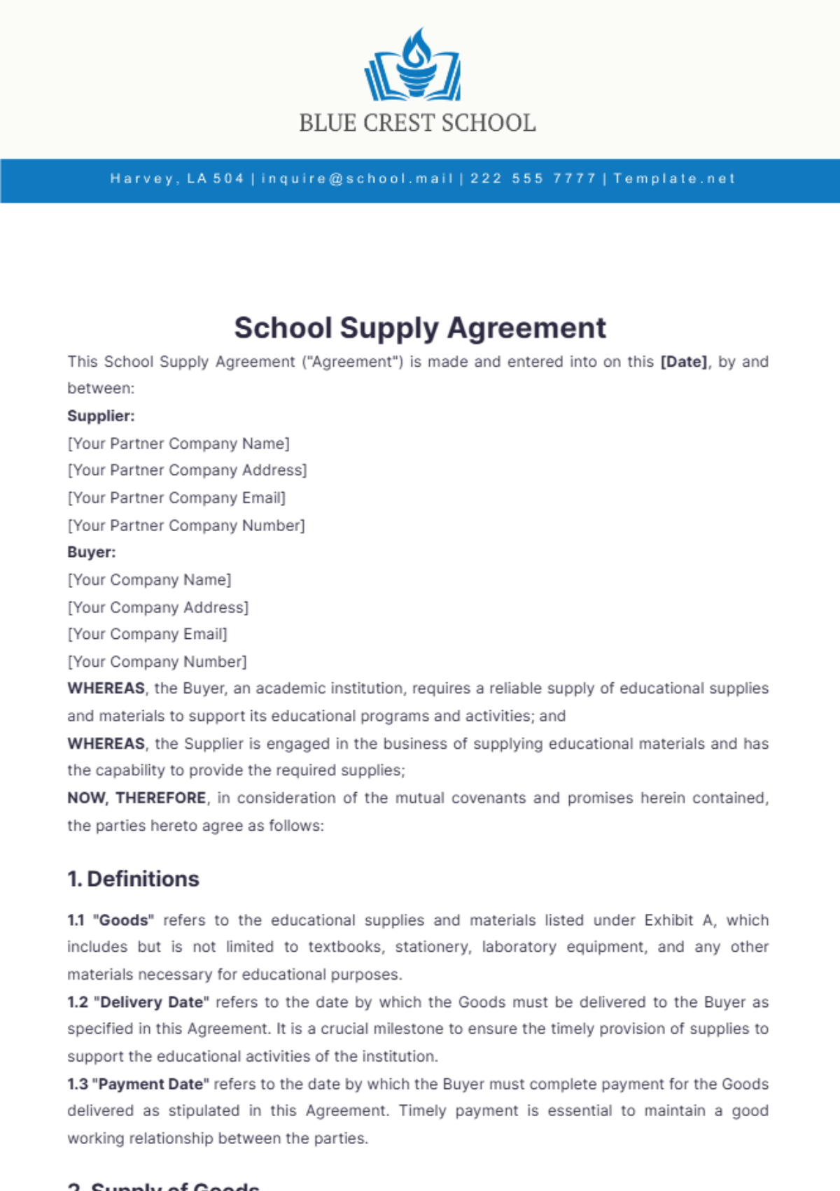 School Supply Agreement Template