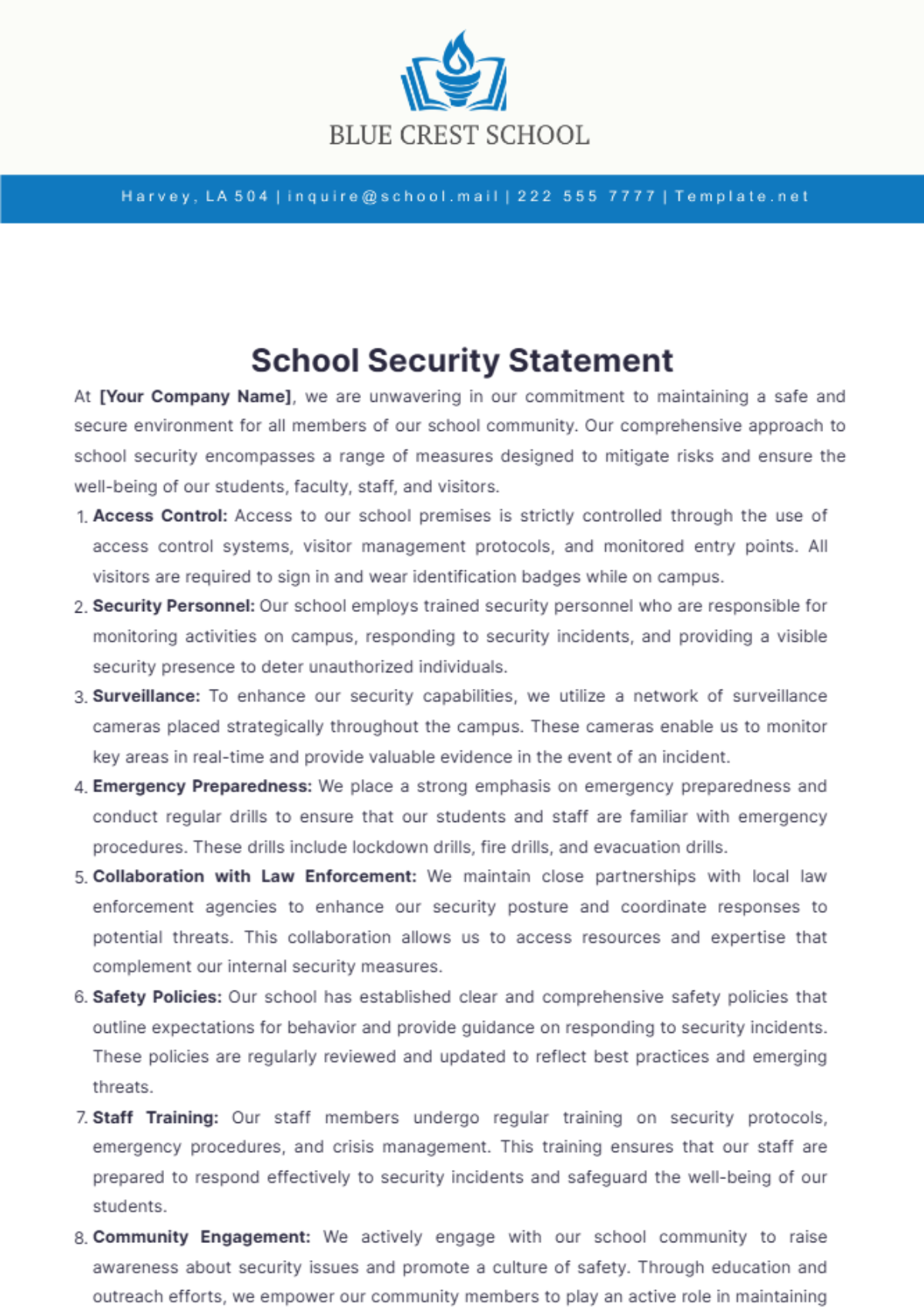 School Security Statement Template - Edit Online & Download