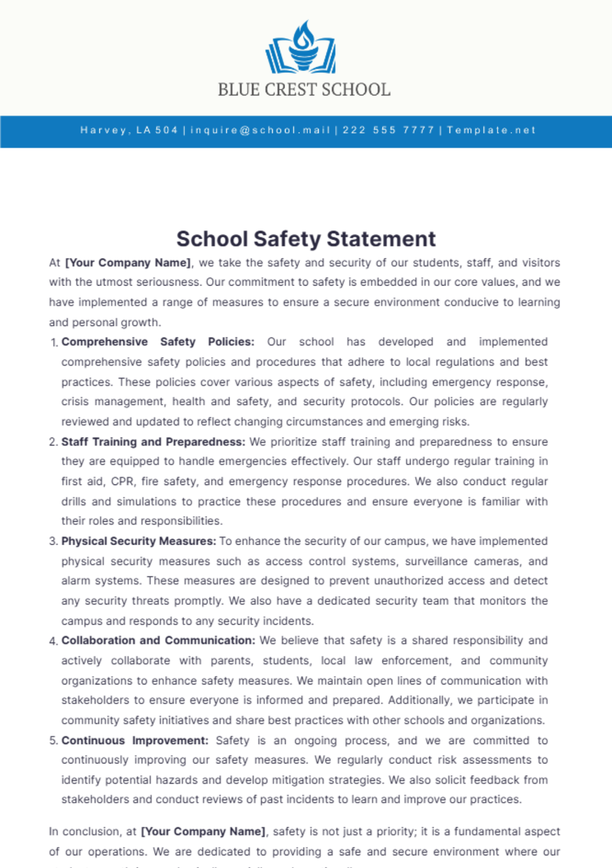 School Safety Statement Template - Edit Online & Download