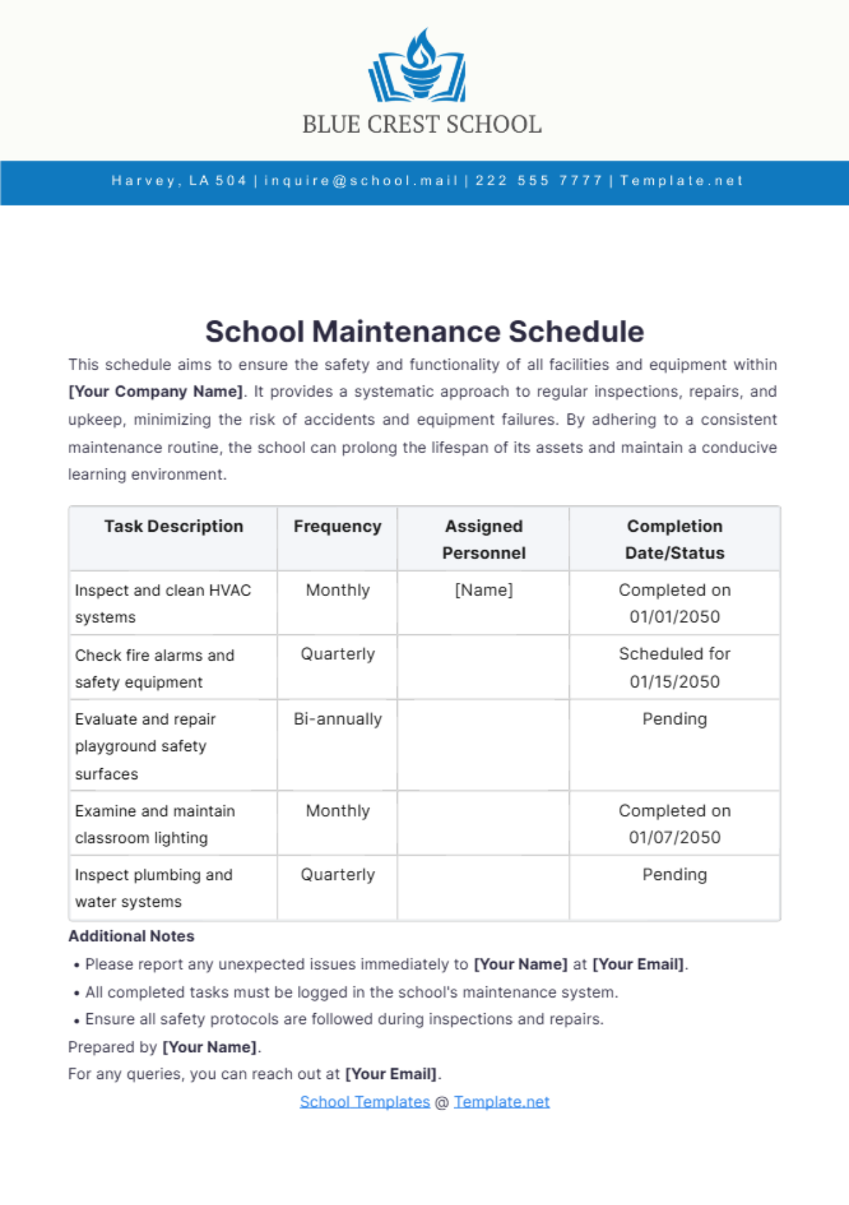 School Maintenance Schedule Template - Edit Online & Download