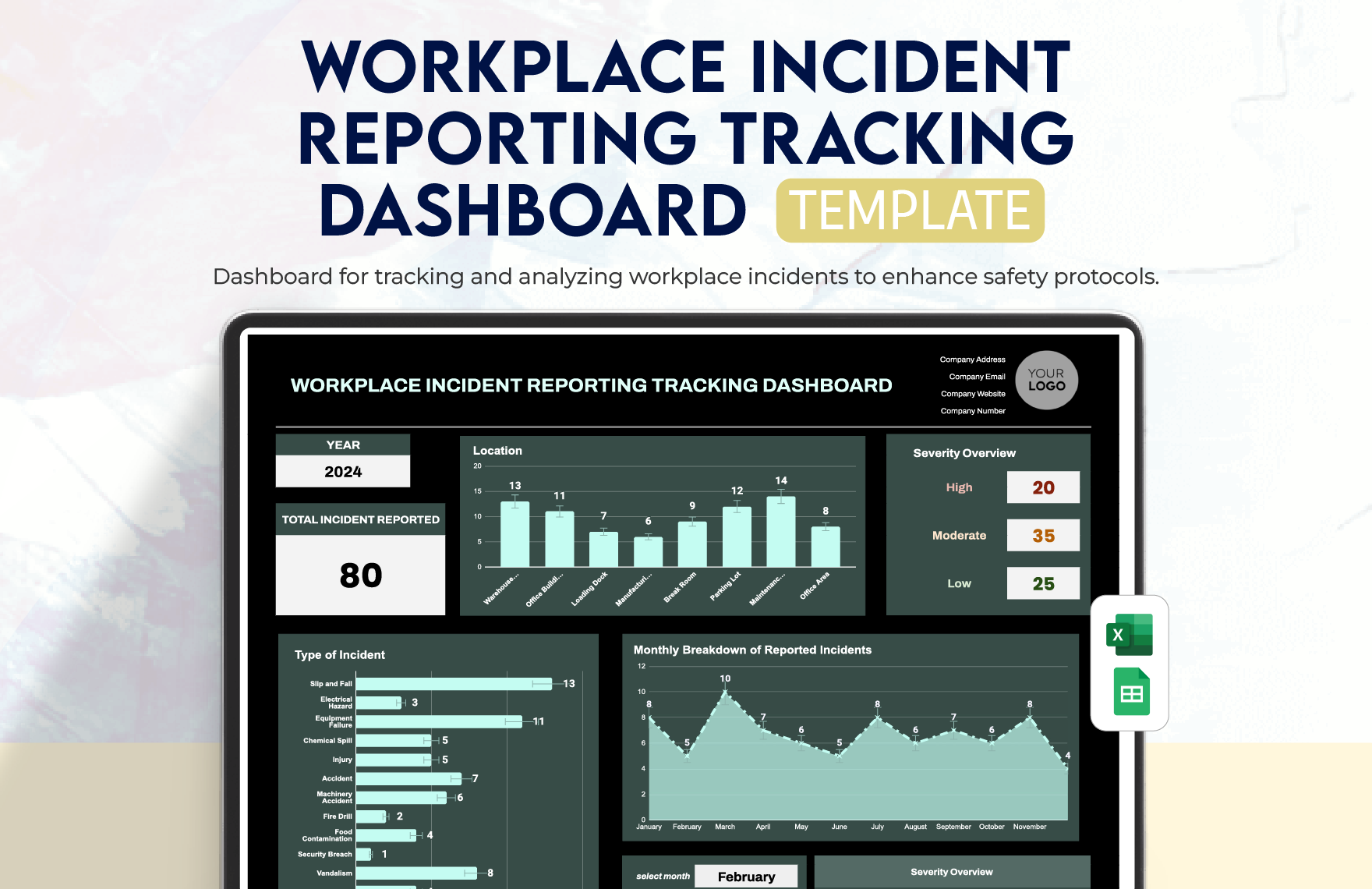 Workplace Incident Reporting Tracking Dashboard Template in Excel, Google Sheets