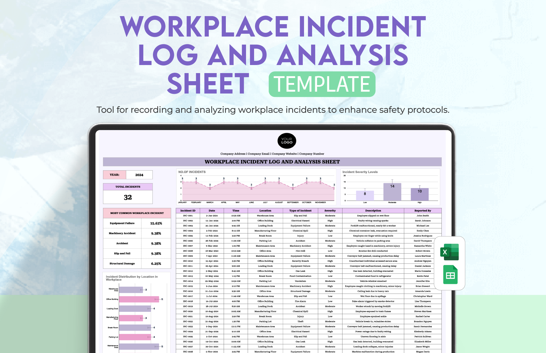 Workplace Incident Log and Analysis Sheet Template in Excel, Google Sheets