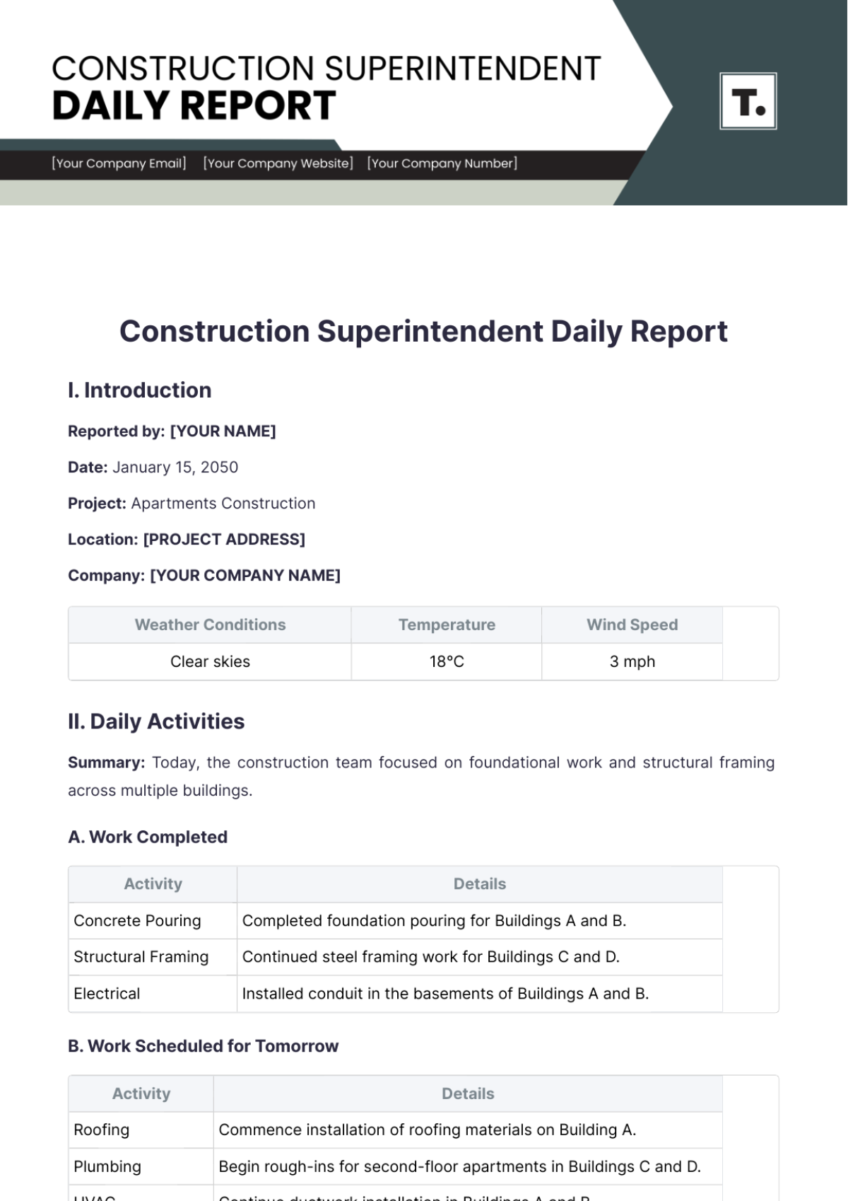 Construction Superintendent Daily Report Template - Edit Online & Download