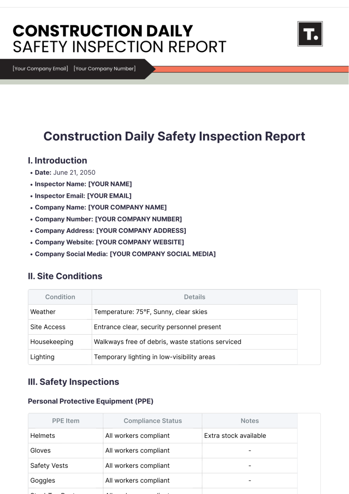 Construction Daily Safety Inspection Report Template - Edit Online & Download