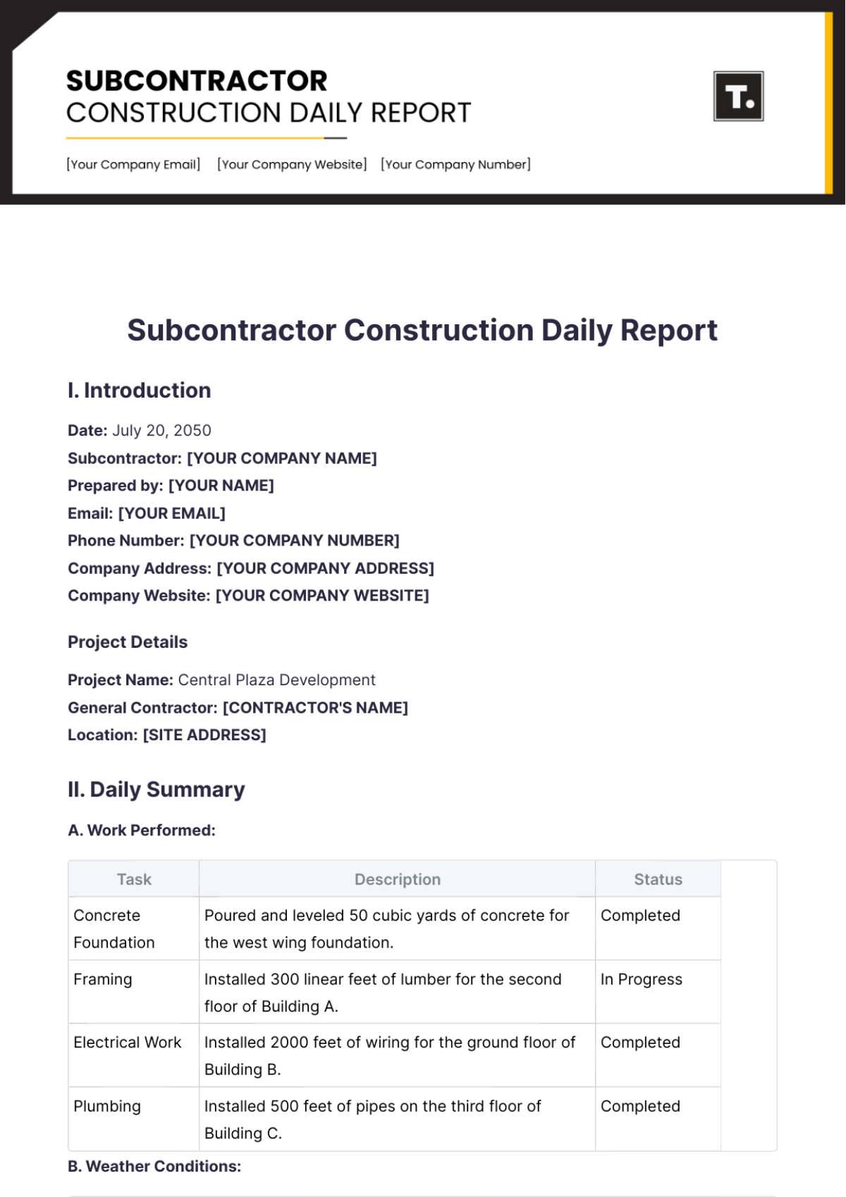 Subcontractor Construction Daily Report Template - Edit Online & Download