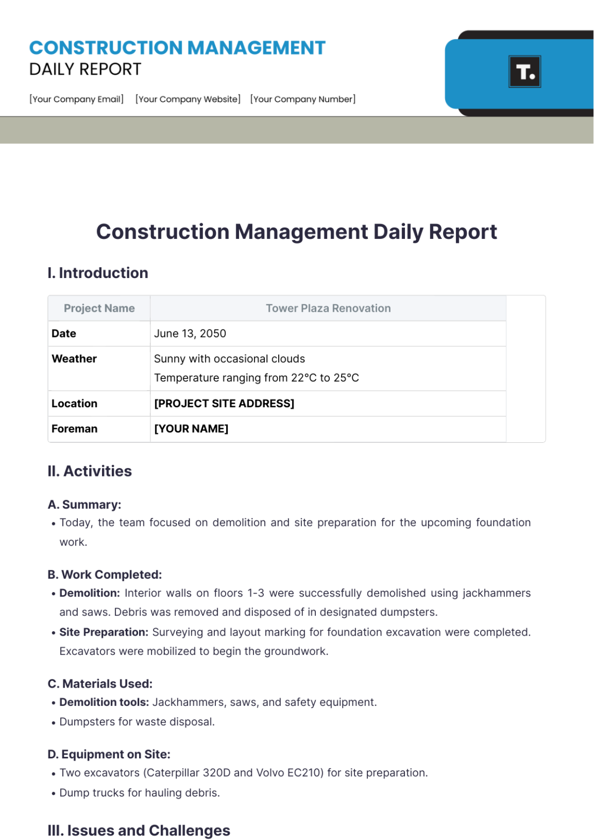 Construction Management Daily Report Template - Edit Online & Download