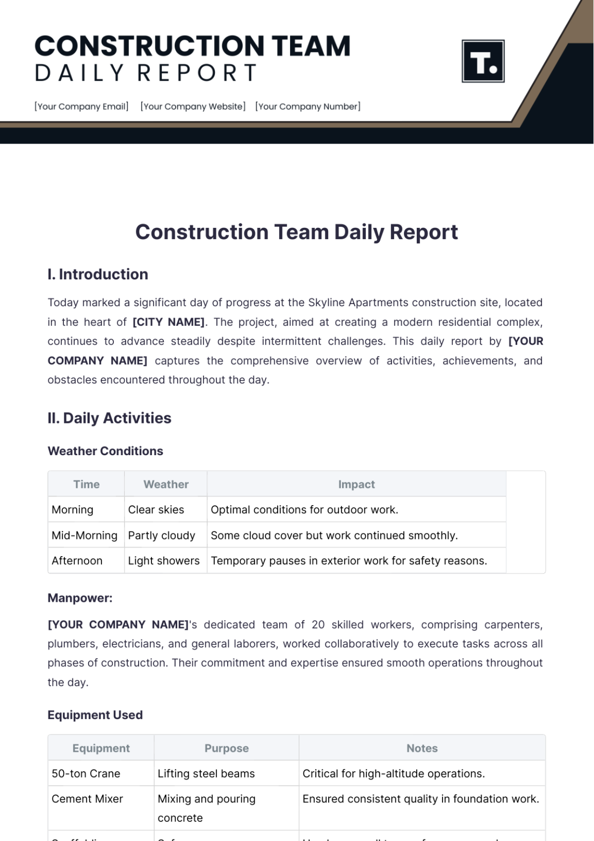 Construction Team Daily Report Template - Edit Online & Download