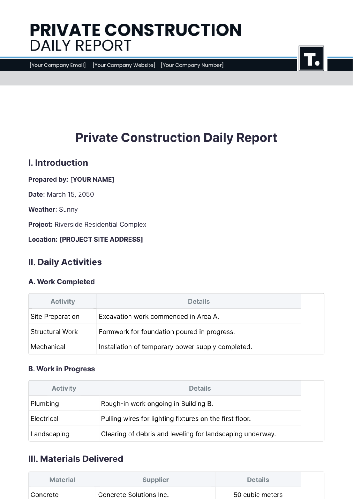 Private Construction Daily Report Template - Edit Online & Download