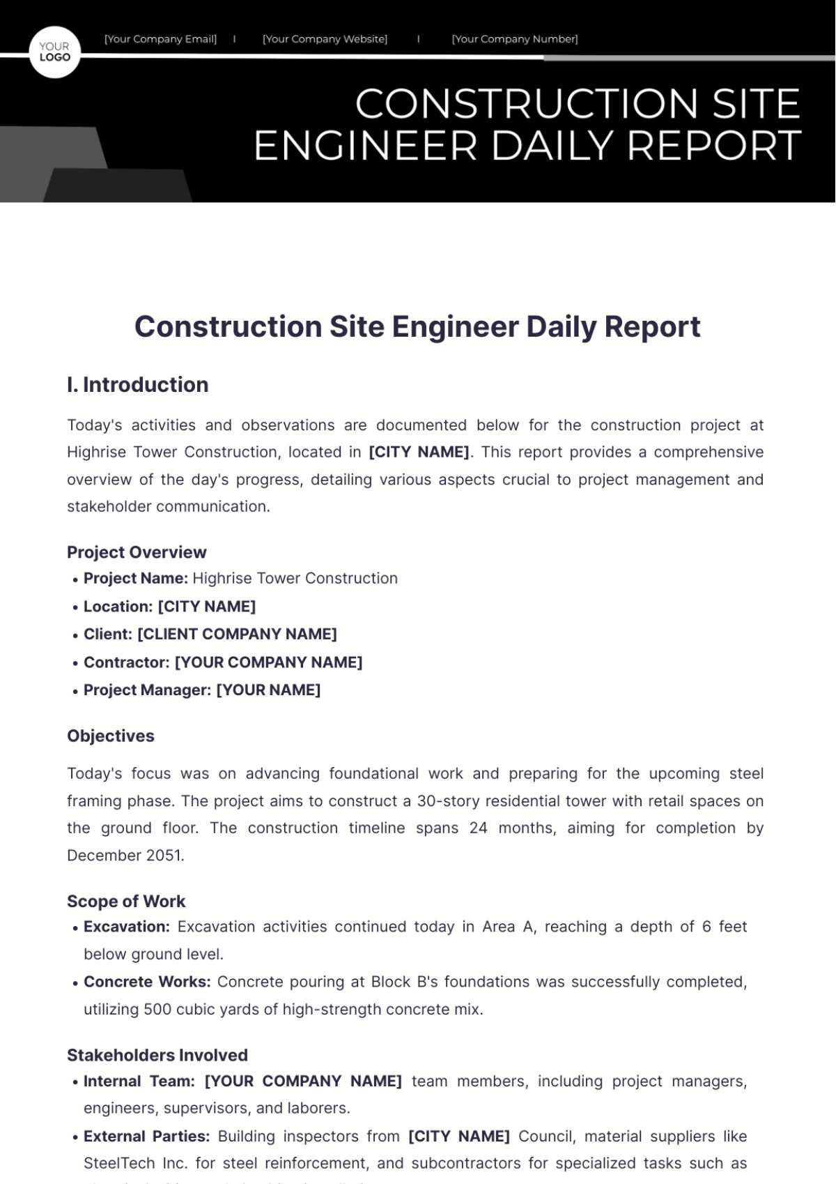 Construction Site Engineer Daily Report Template - Edit Online & Download