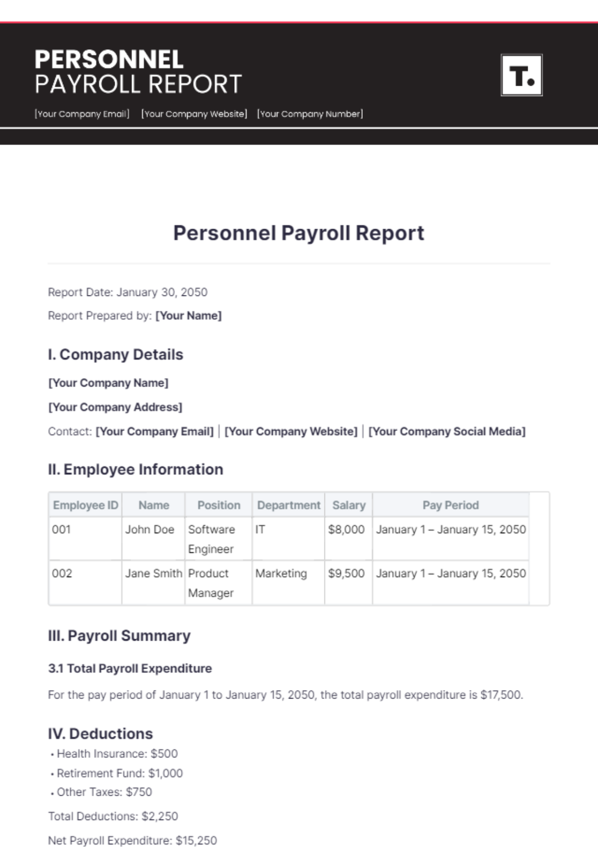 Personnel Payroll Report Template - Edit Online & Download