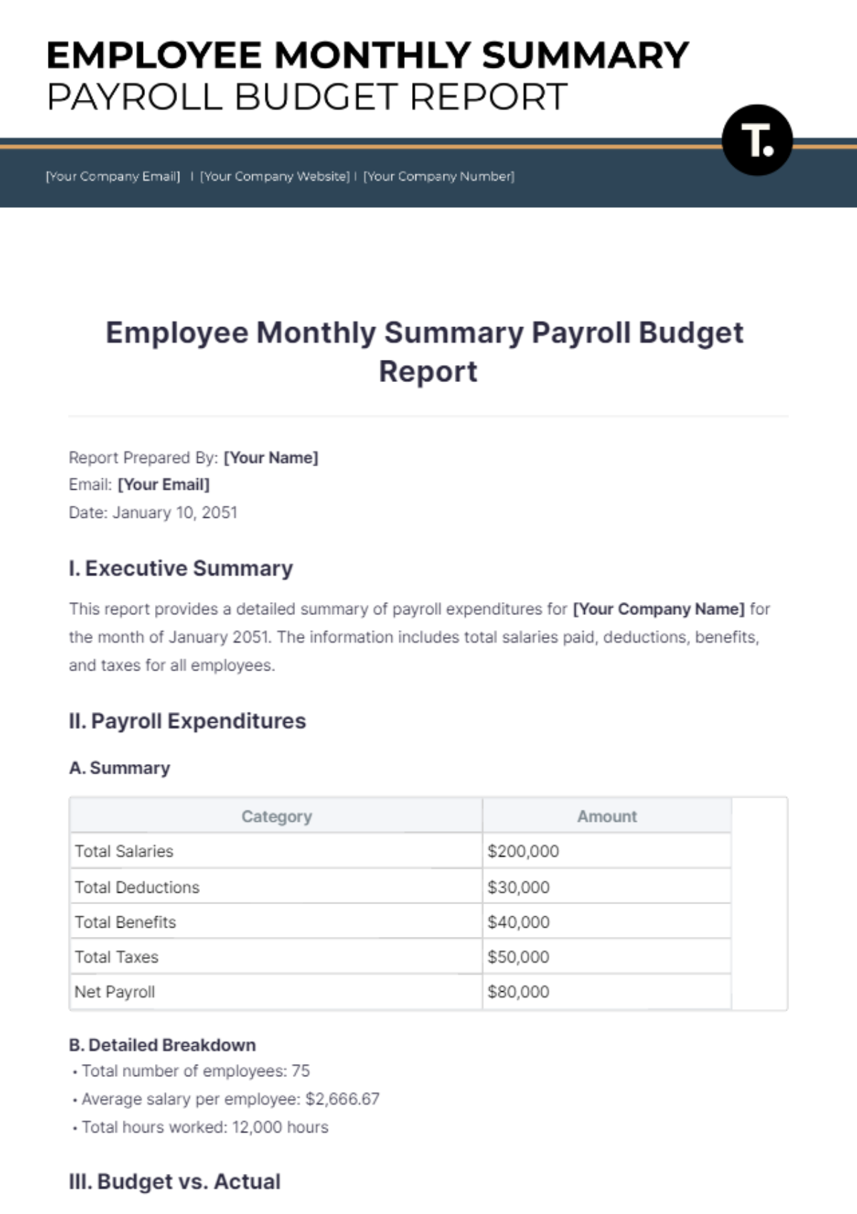 Employee Monthly Summary Payroll Budget Report Template - Edit Online & Download