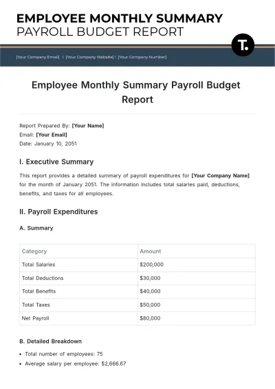 Free Employee Monthly Summary Payroll Budget Report Template to Edit Online