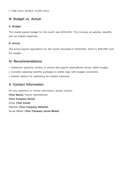 Free Employee Monthly Summary Payroll Budget Report Template to Edit Online