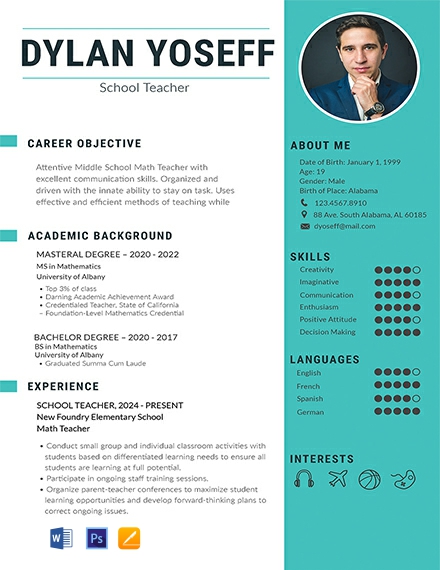 School Teacher Resume Template - Word, Apple Pages, PSD