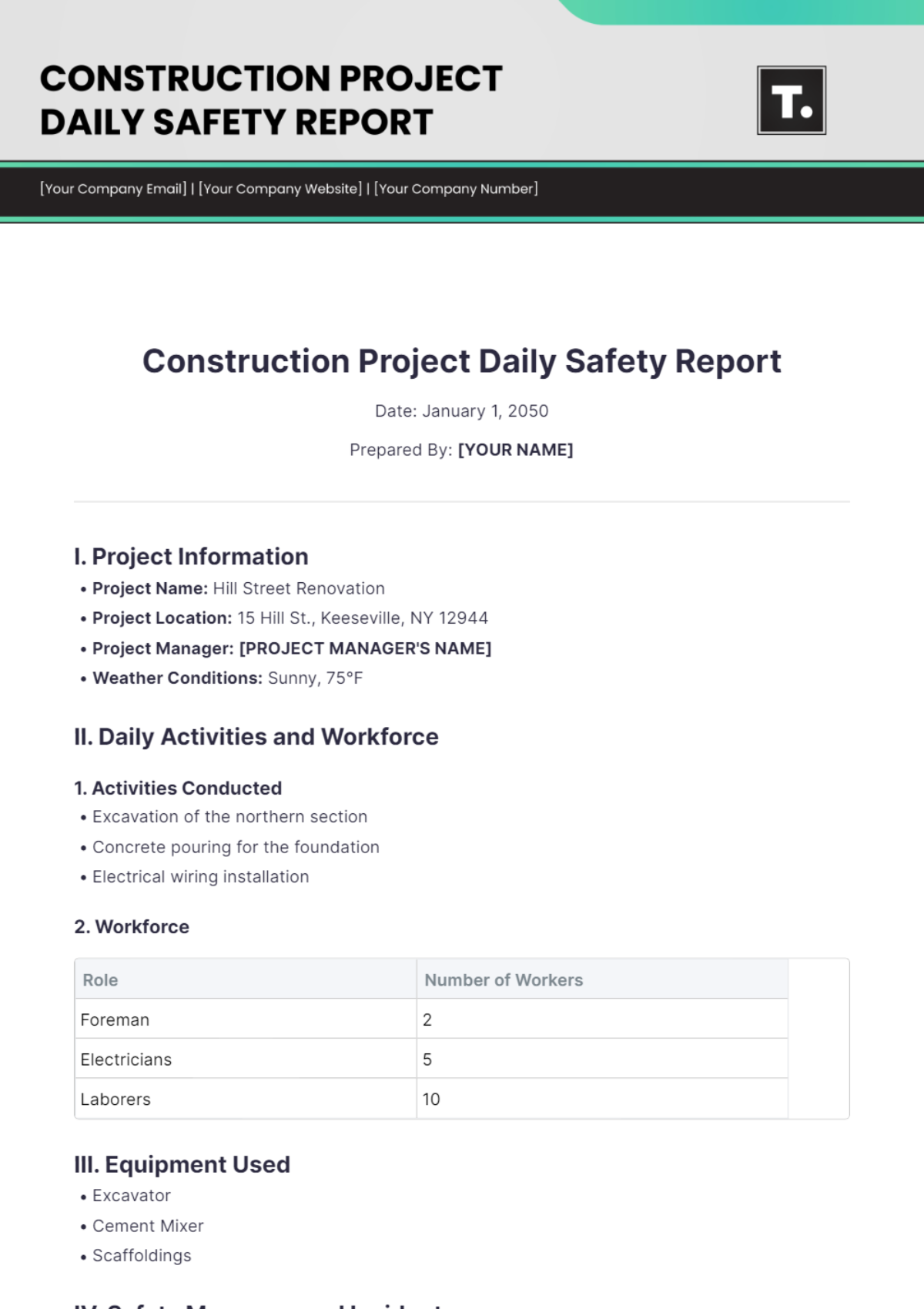 Construction Project Daily Safety Report Template - Edit Online & Download