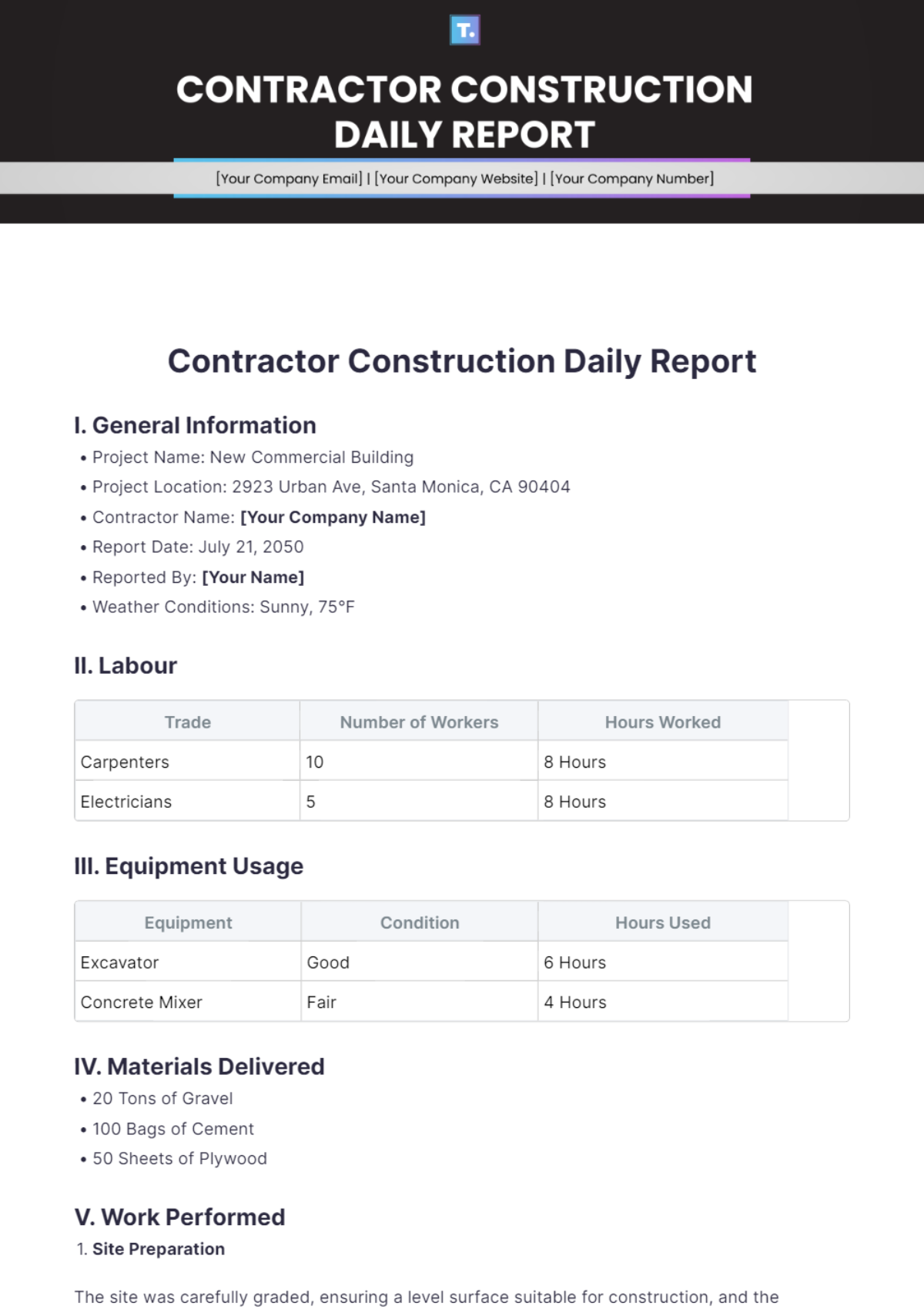 Contractor Construction Daily Report Template - Edit Online & Download