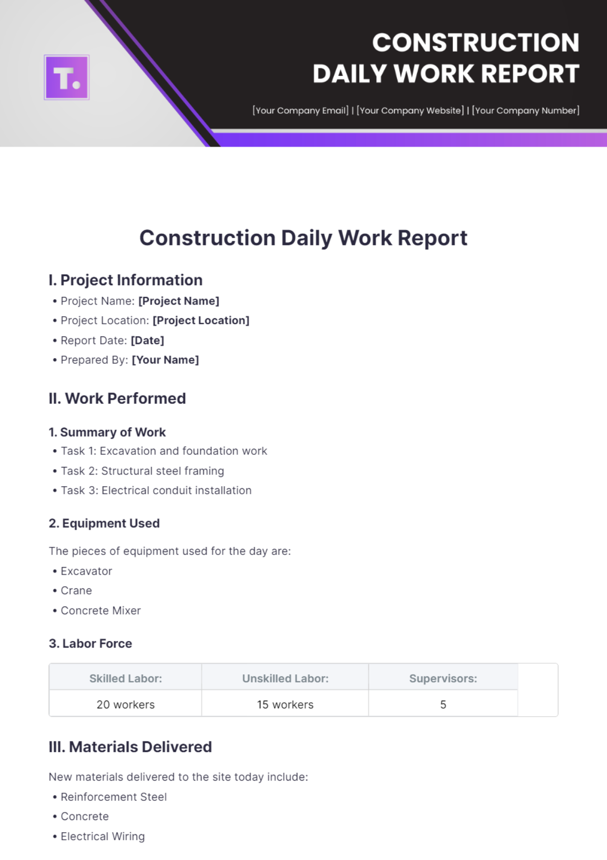 Construction Daily Work Report Template - Edit Online & Download