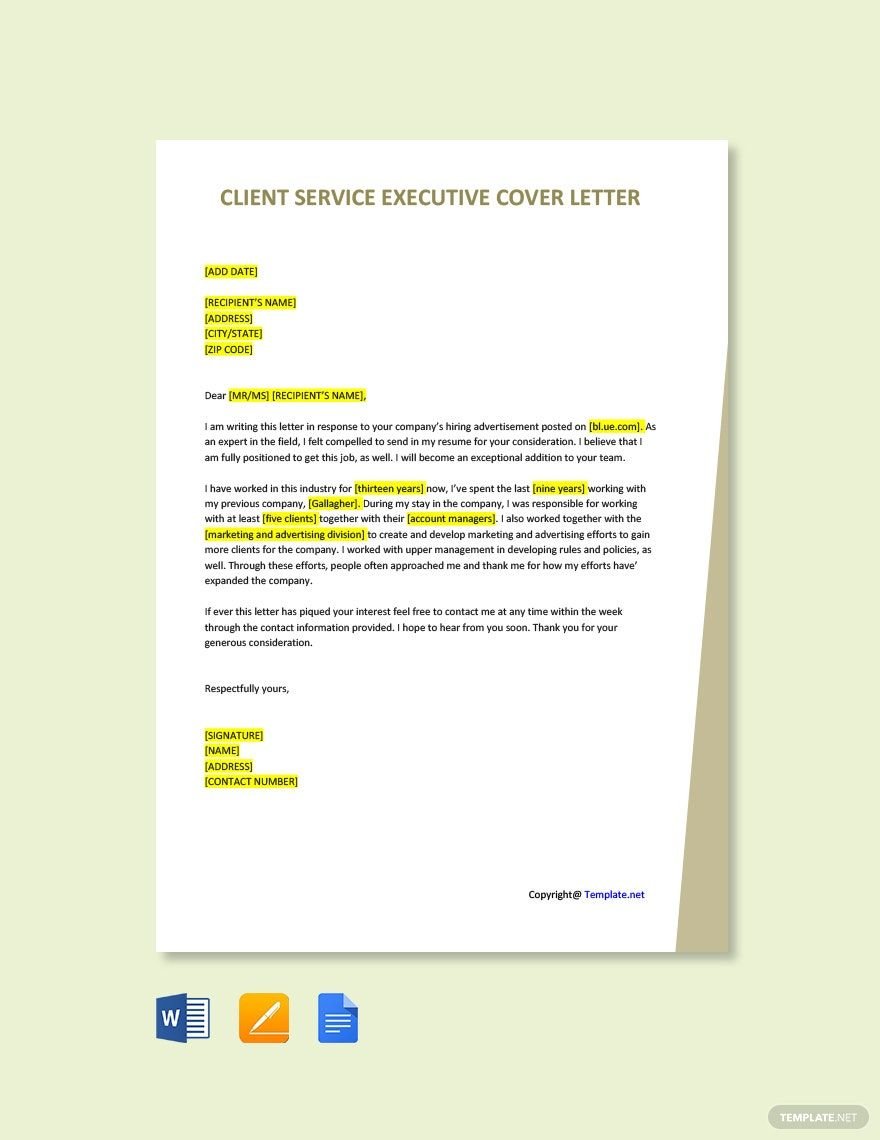 Client Service Executive Cover Letter