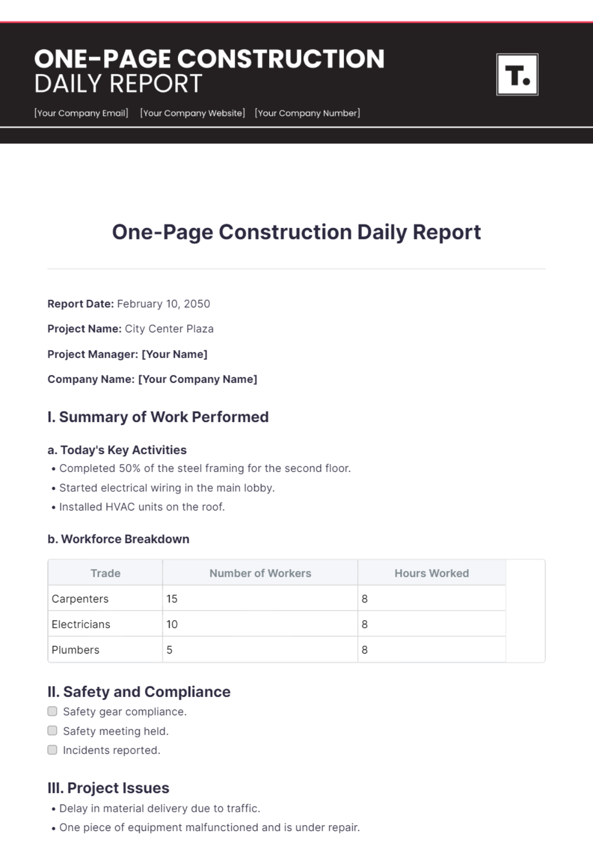 One Page Construction Daily Report Template - Edit Online & Download