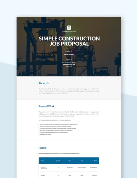 Editable Free Simple Construction Job Proposal Template
