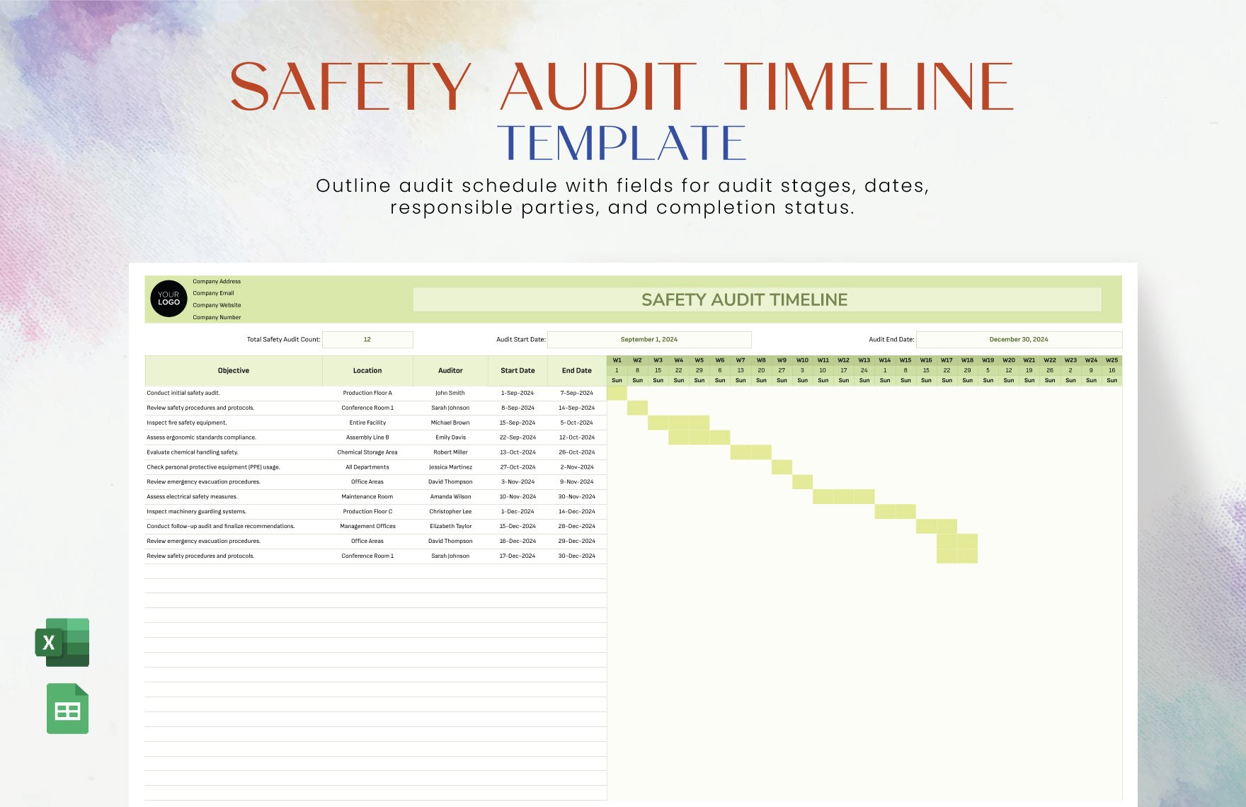 Safety Audit Timeline Template in Excel, Google Sheets