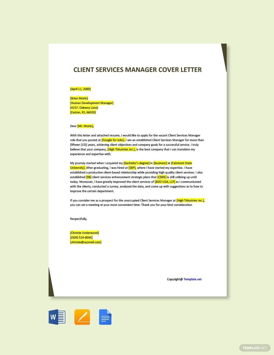 Client Service Manager Cover Letter