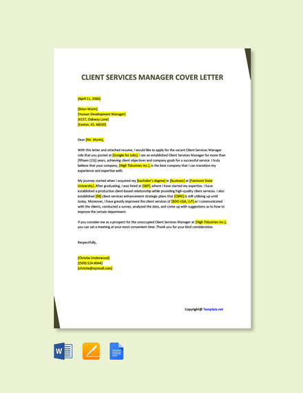 Free Client Service Manager Cover Letter