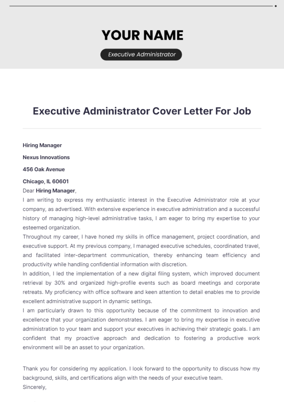 Executive Administrator Cover Letter For Job - Edit Online & Download