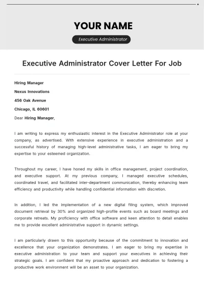 Free Executive Administrator Cover Letter For Job to Edit Online