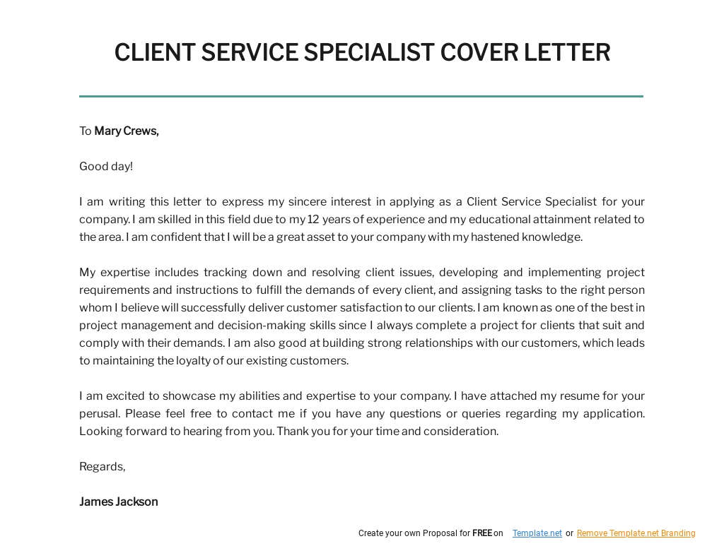 Free Client Service Specialist Cover Letter Template.jpe