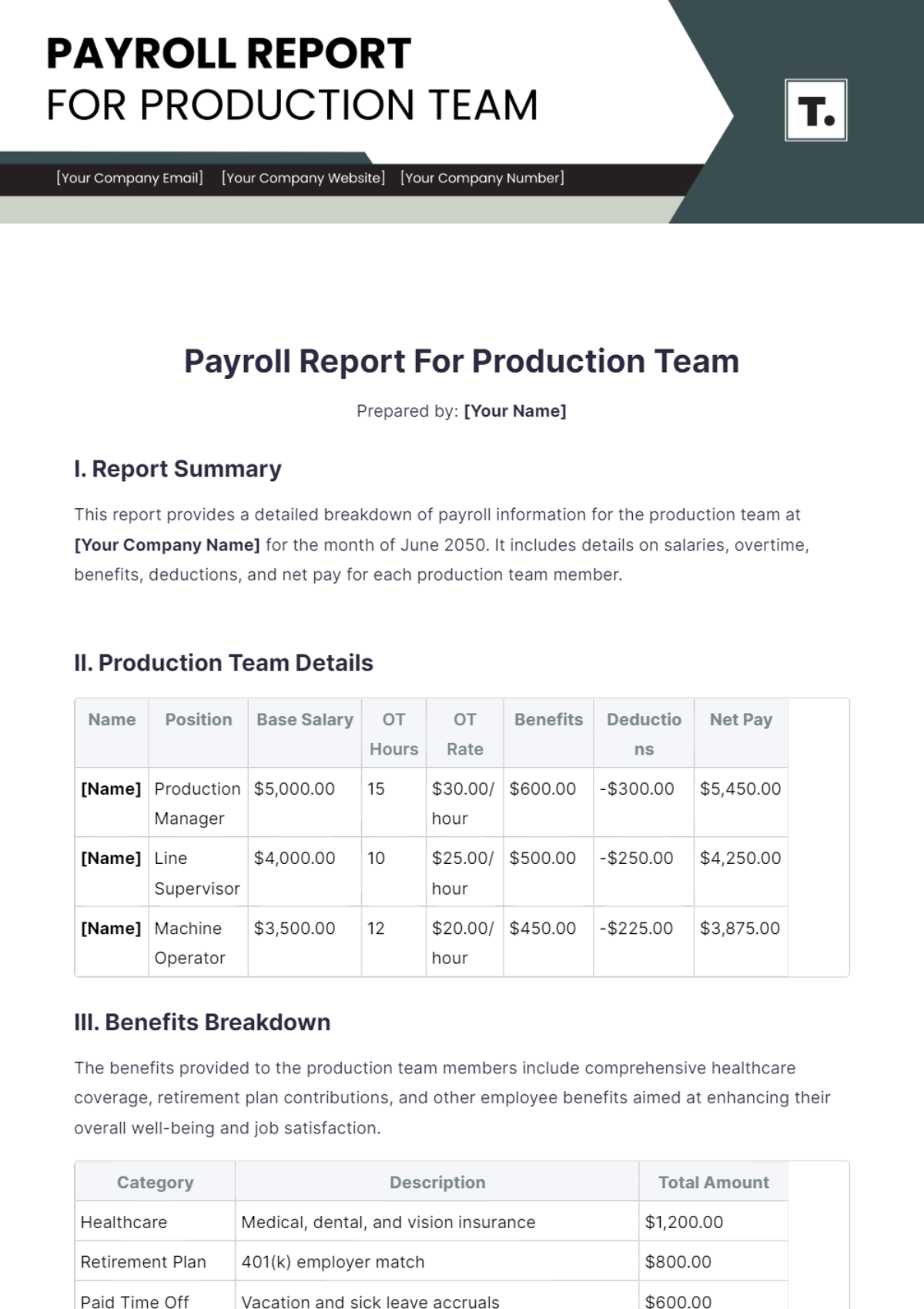 Payroll Report For Production Team Template - Edit Online & Download