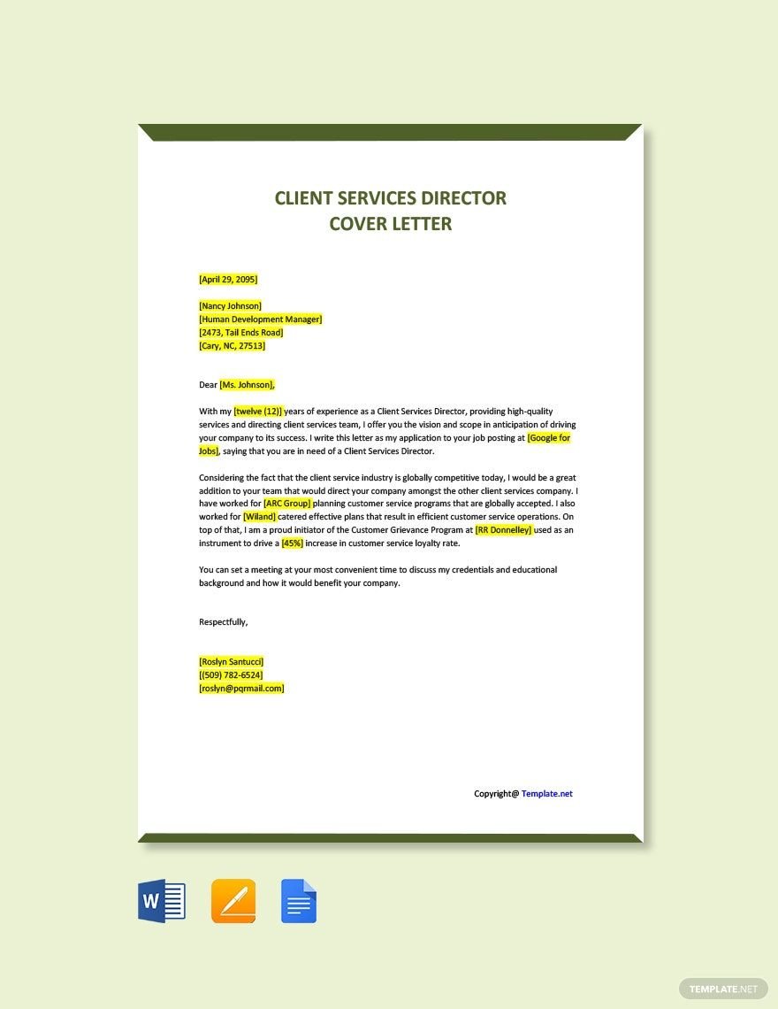 Client Services Director Cover Letter in Word, Google Docs, PDF, Apple Pages