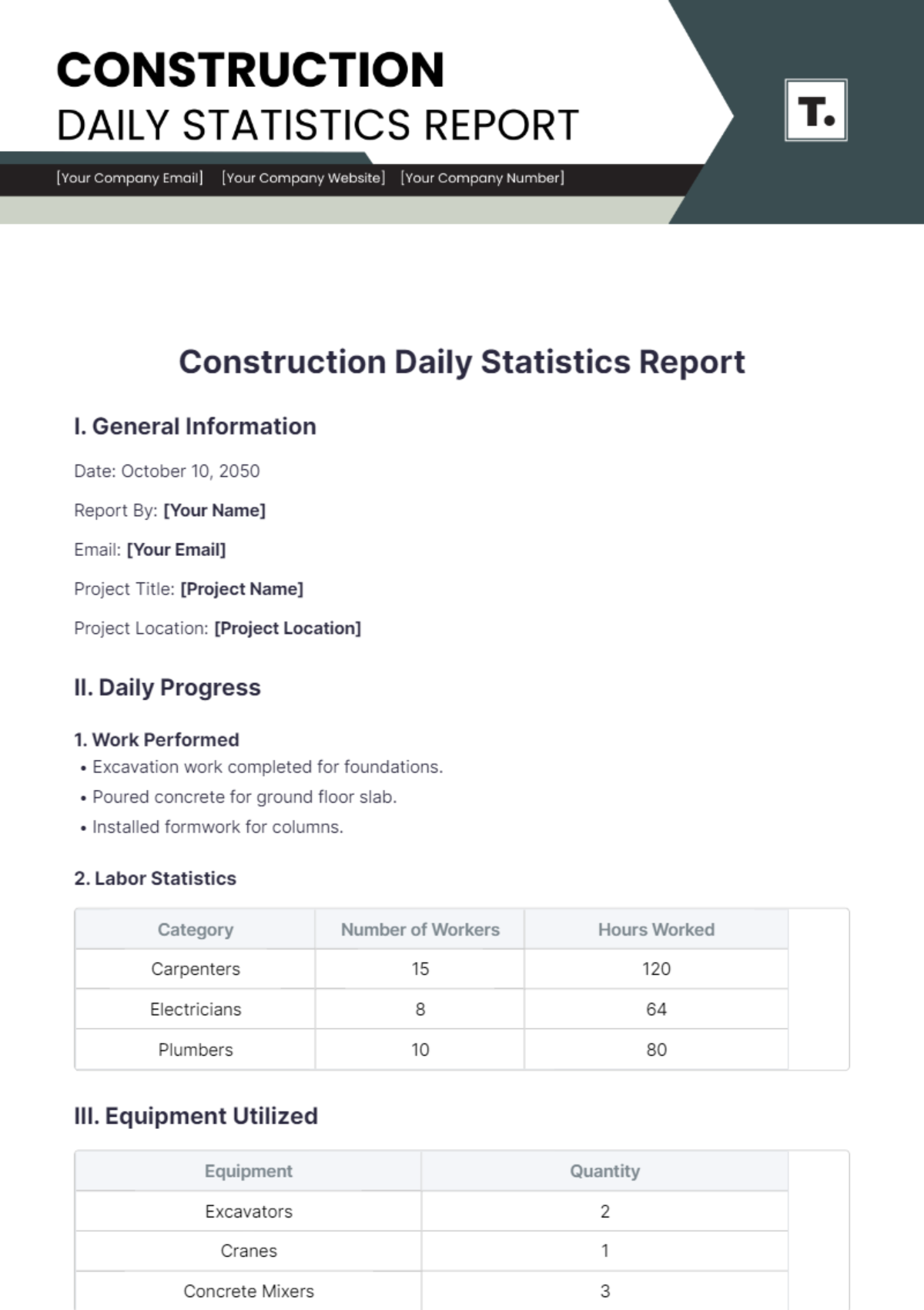 Construction Daily Statistics Report Template - Edit Online & Download