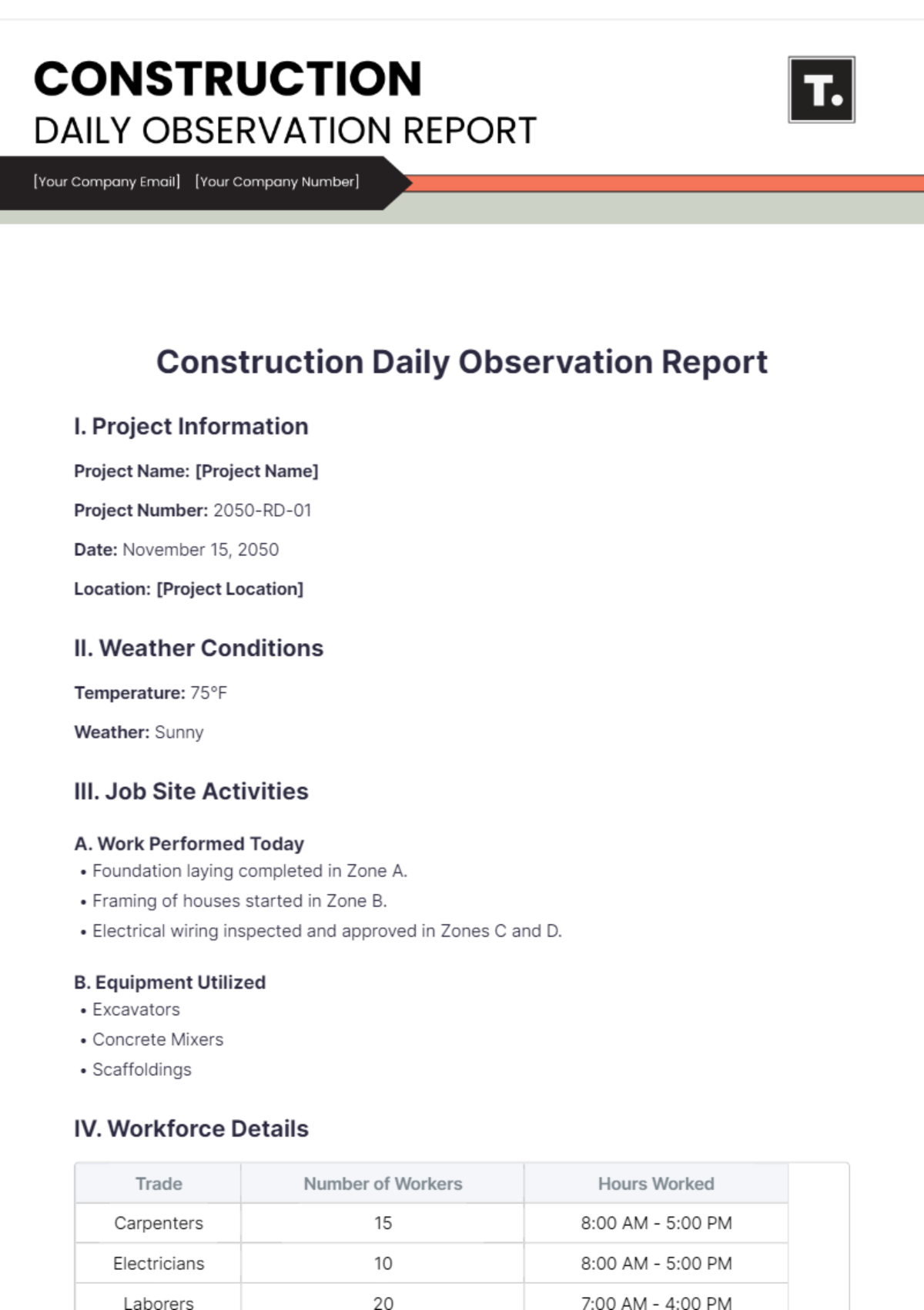 Construction Daily Observation Report Template - Edit Online & Download