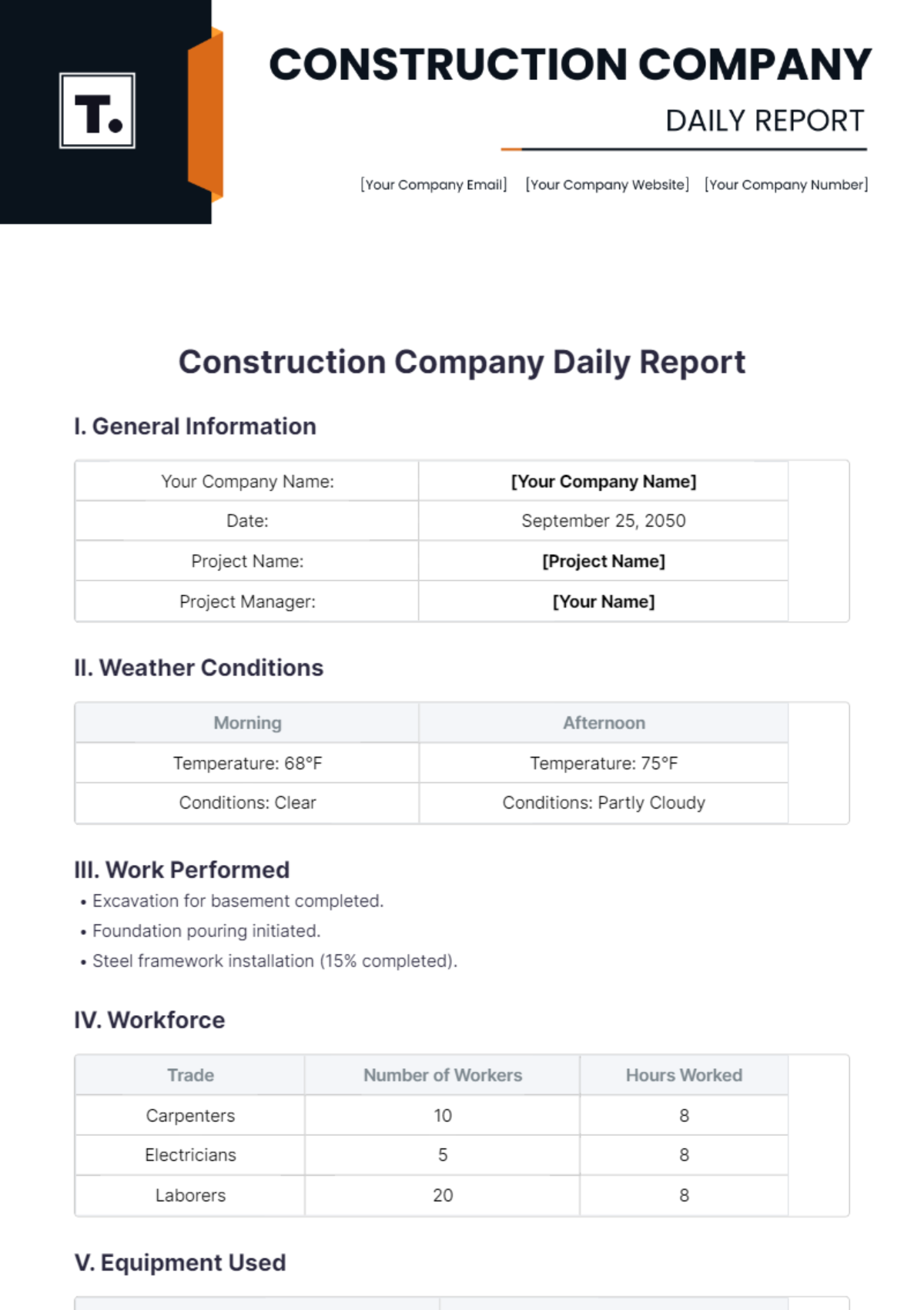 Construction Company Daily Report Template - Edit Online & Download