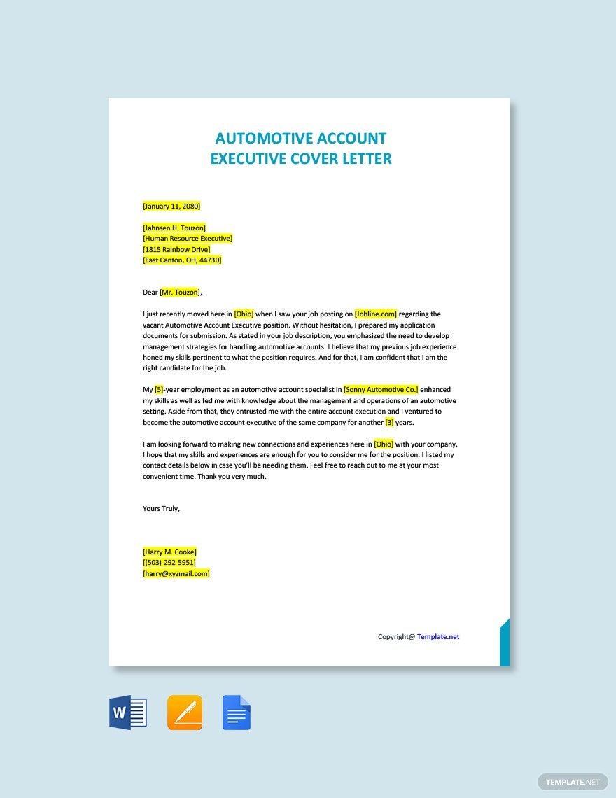 Automotive Account Executive Cover Letter