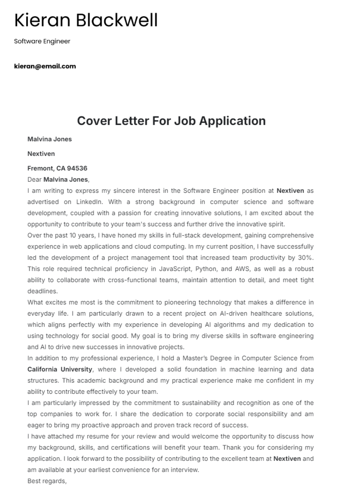 Free Cover Letter for Job Application Template