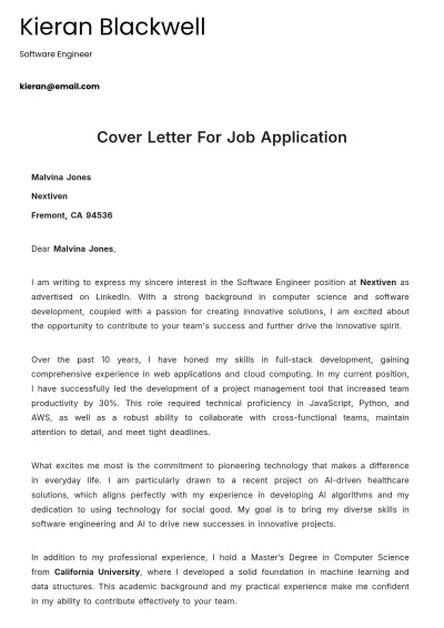 Free Cover Letter for Job Application Template to Edit Online