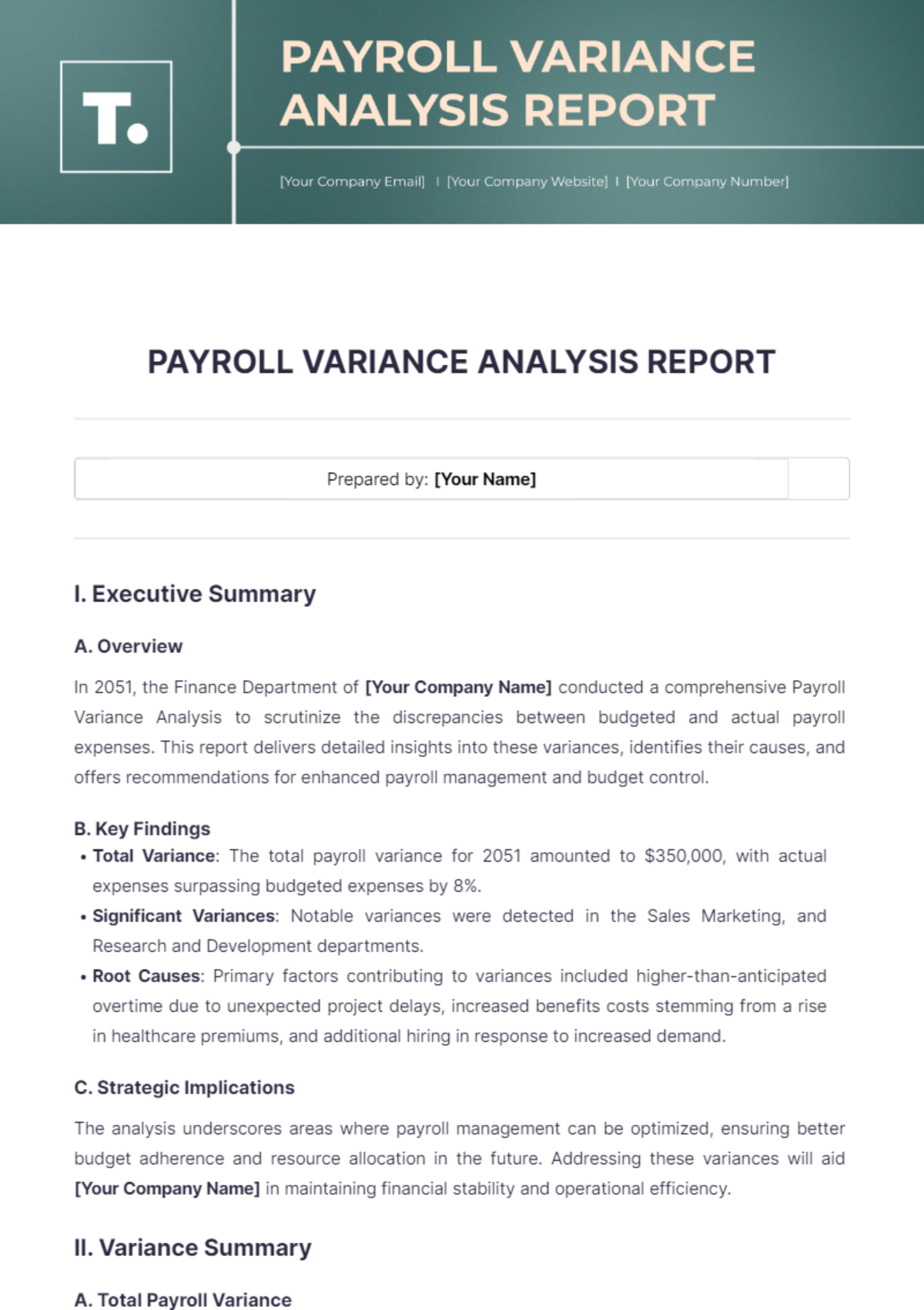 Payroll Variance Analysis Report Template - Edit Online & Download