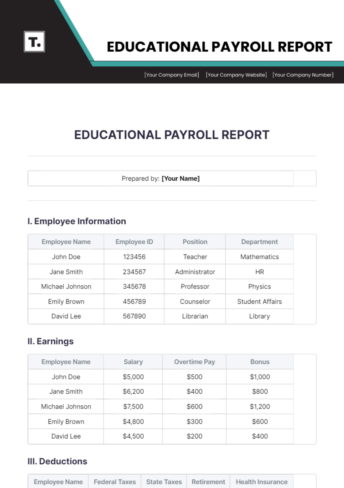 Educational Payroll Report Template - Edit Online & Download