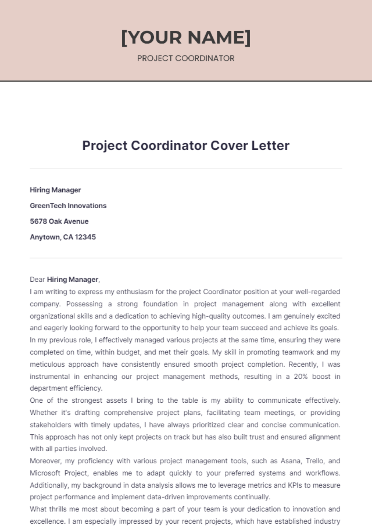 Project Coordinator Cover Letter For Job - Edit Online & Download