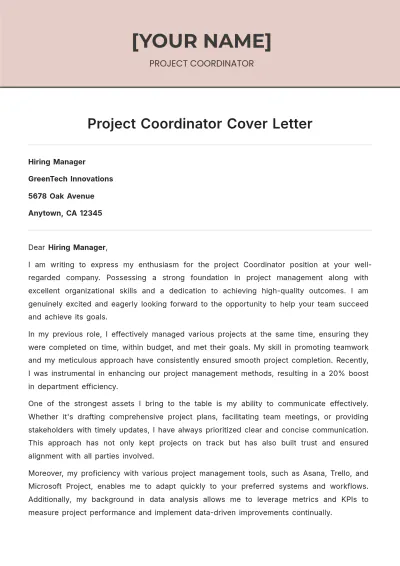 Free Project Coordinator Cover Letter For Job to Edit Online
