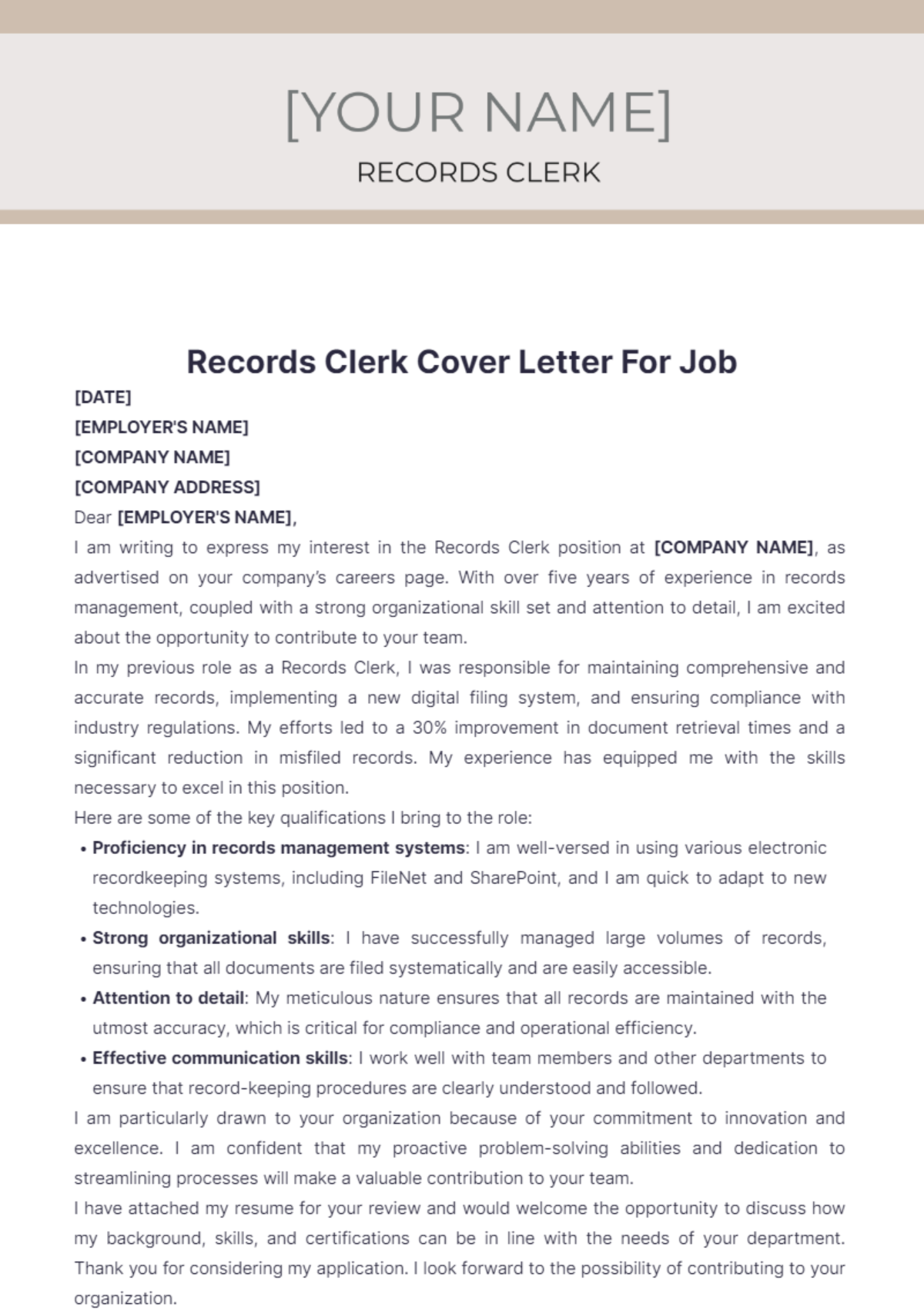 Records Clerk Cover Letter For Job - Edit Online & Download