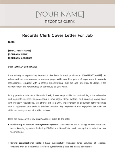 Free Records Clerk Cover Letter For Job to Edit Online