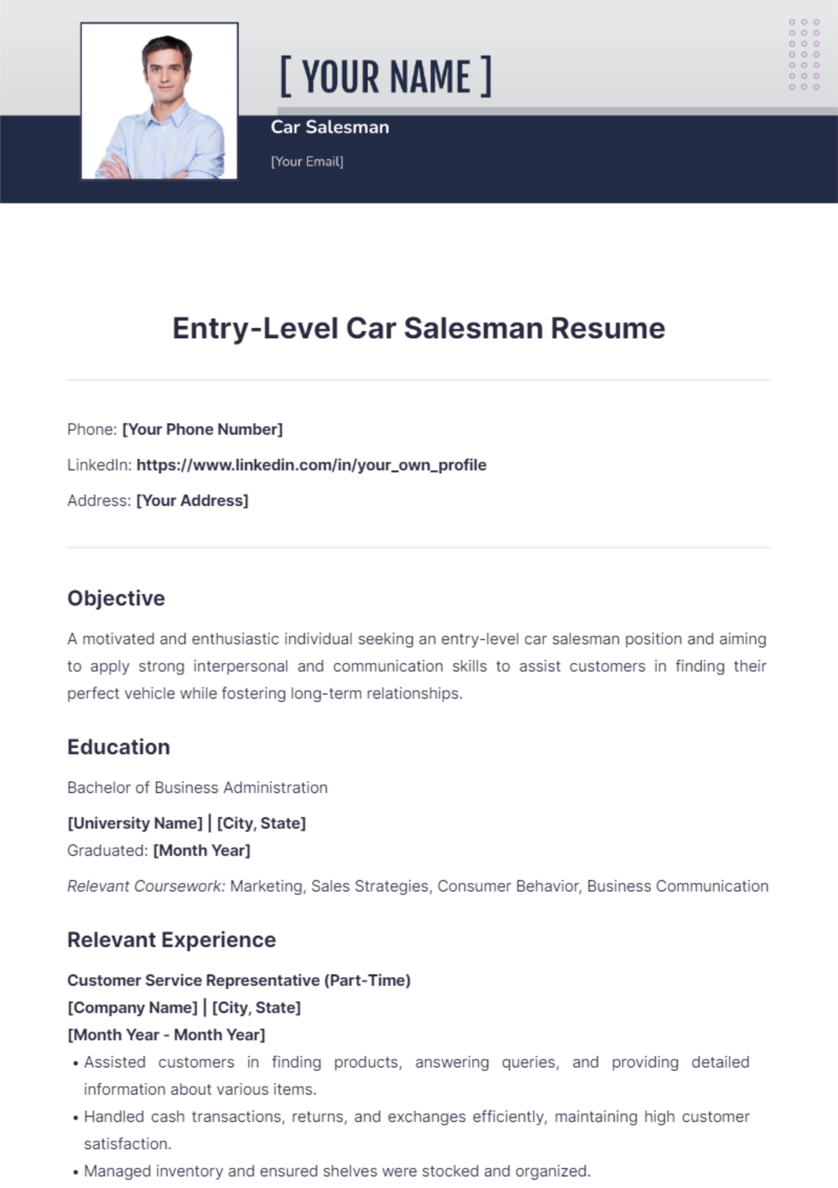 Entry-Level Car Salesman Resume - Edit Online & Download